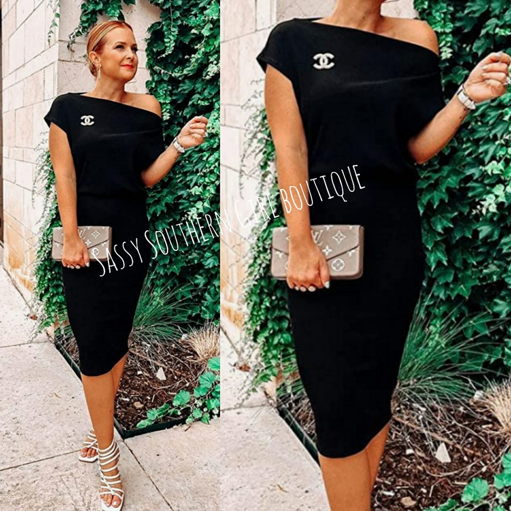 🆕⭐ Black off shoulder midi pencil dress